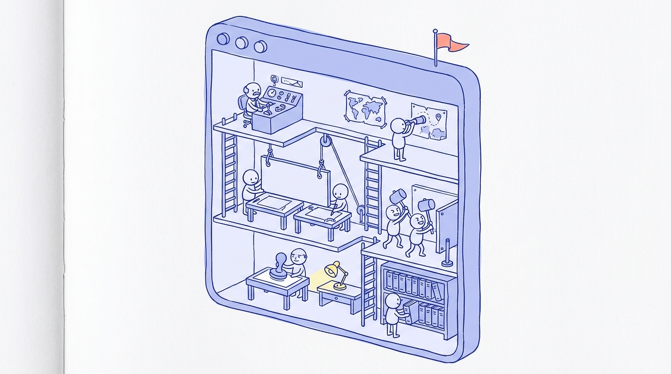 An original browser-shaped cutaway building with workers researching, making, inspecting, and filing work on different floors.