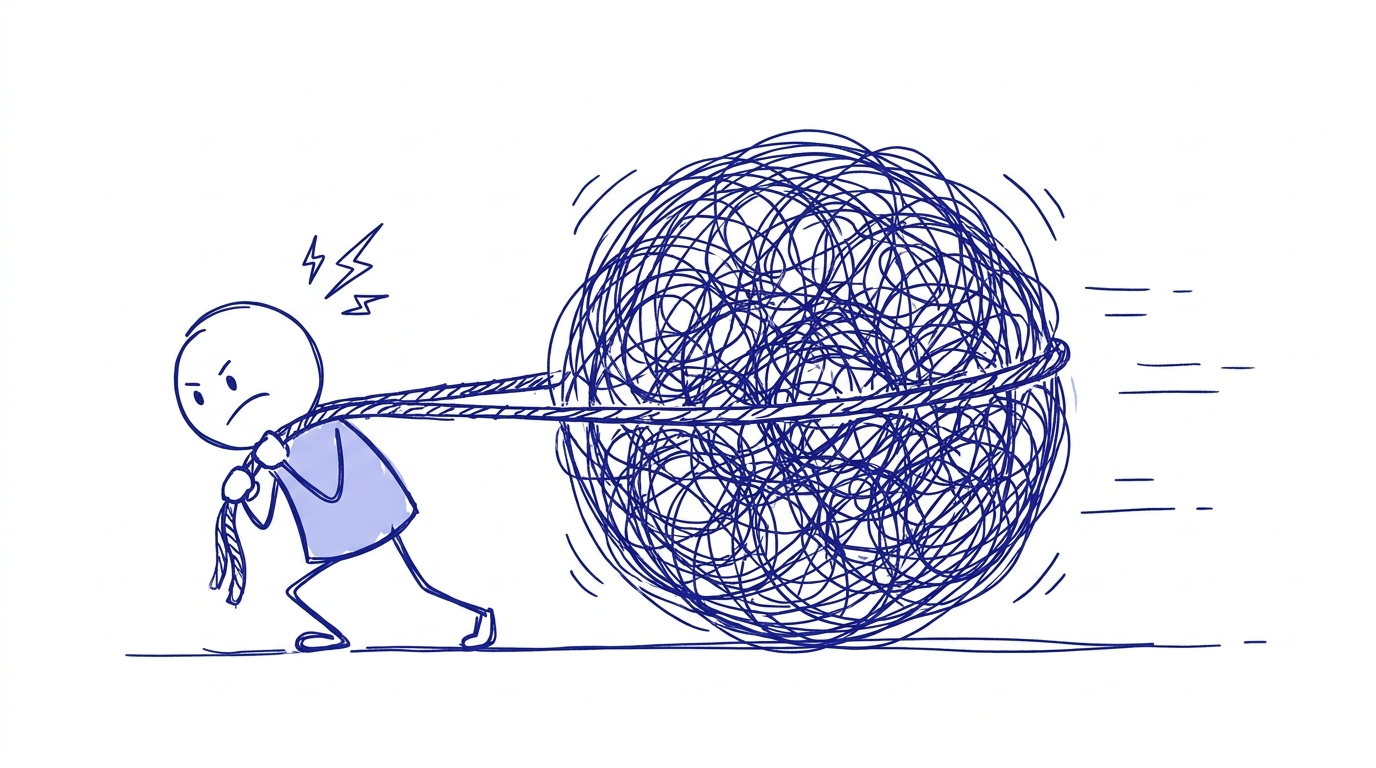 An early blue-ink drawing of a determined figure pulling an enormous tangled ball, with periwinkle on the figure’s shirt.