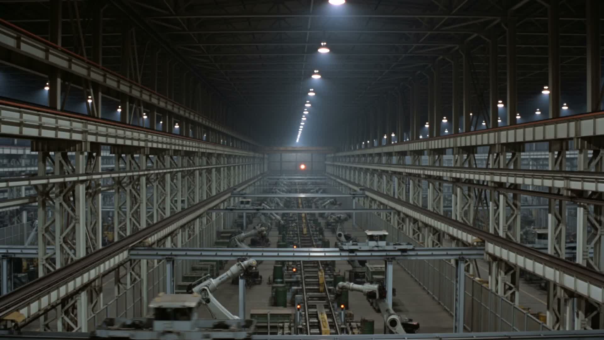 A generated industrial-film study showing robotic production lines in a dark, long machine hall.