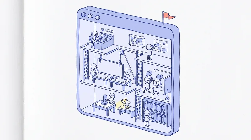 An original browser-shaped cutaway building with workers researching, making, inspecting, and filing work on different floors.