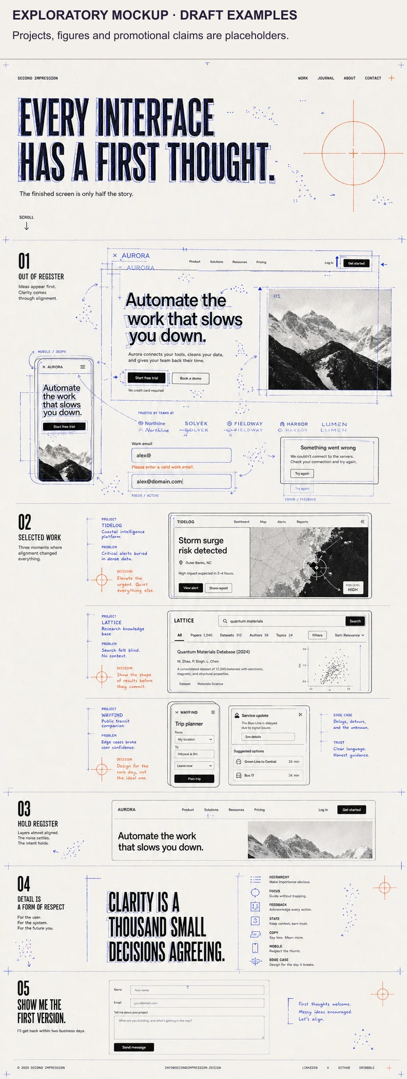 The labeled Second Impression exploratory mockup, using blue print-registration marks around interface studies on warm paper.