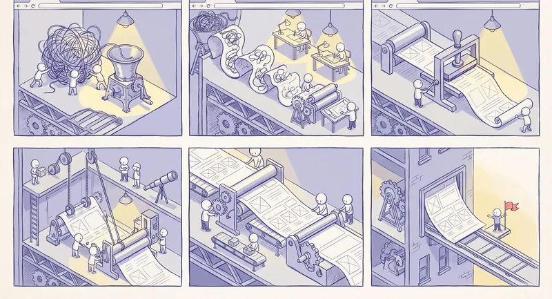 The earlier six-panel storyboard follows tangled input through workers, rollers, inspection, and a rooftop output marked with a red flag.