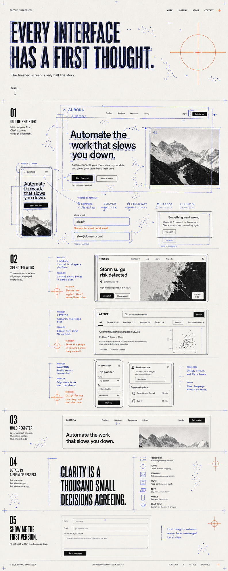The original Second Impression mockup, using blue print-registration marks around interface studies on warm paper.