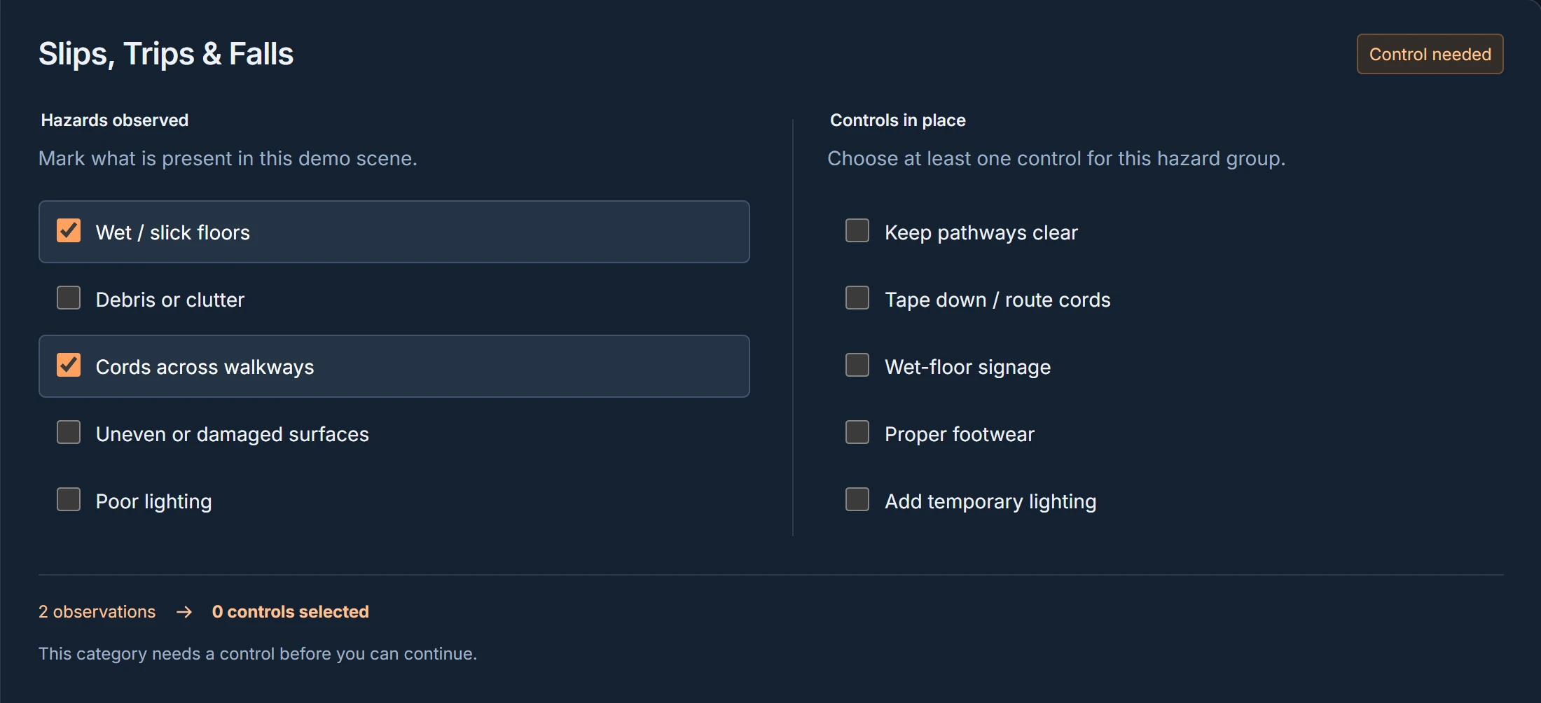 Crewbrief’s unresolved control state: two observations, zero controls selected, and a message that this category needs a control before continuing.