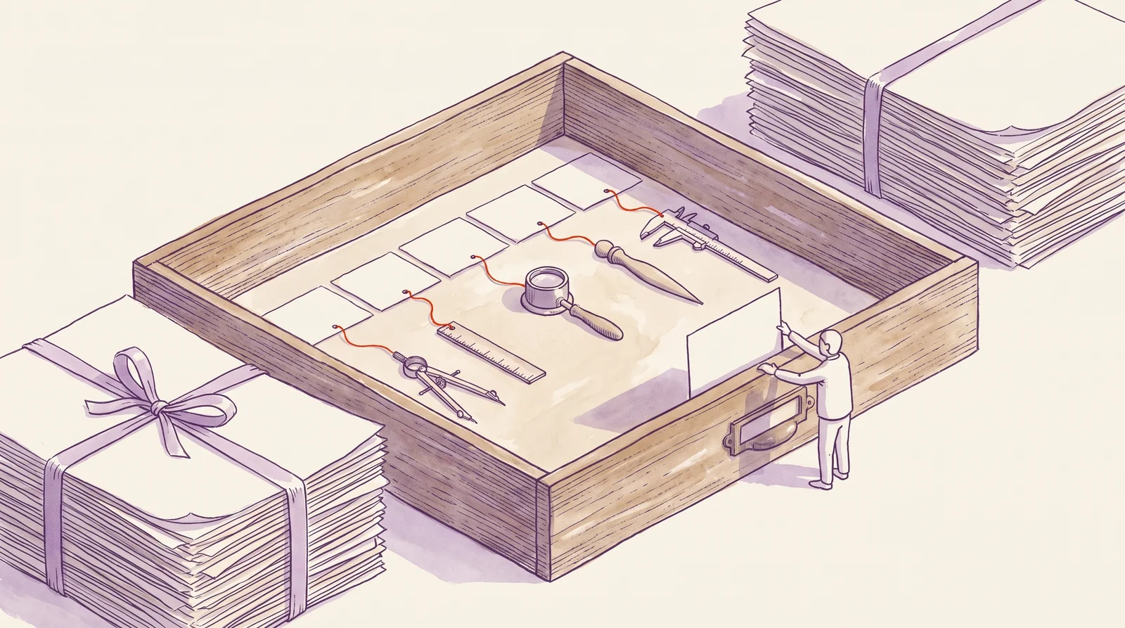 An open archive holds a few useful cards while a redundant stack is tied closed beside it.