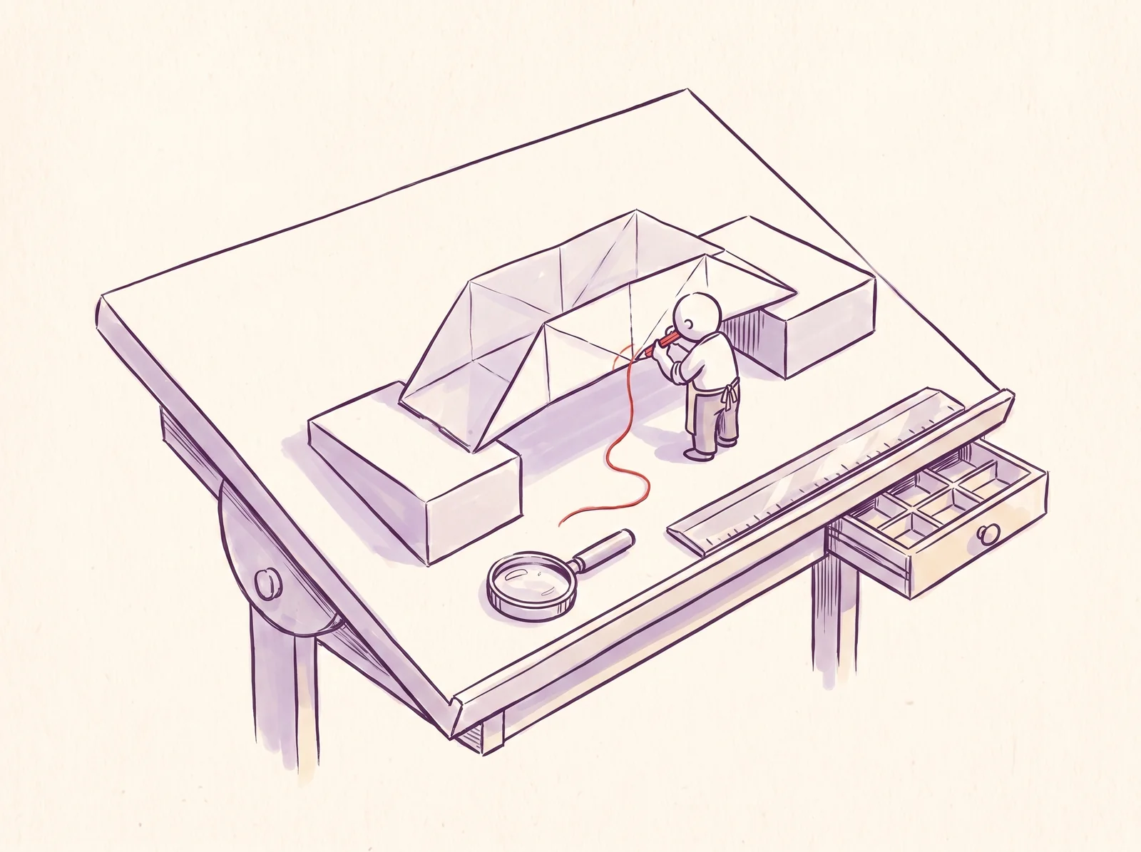 A maker corrects one joint of an unfinished paper bridge on a drafting bench.