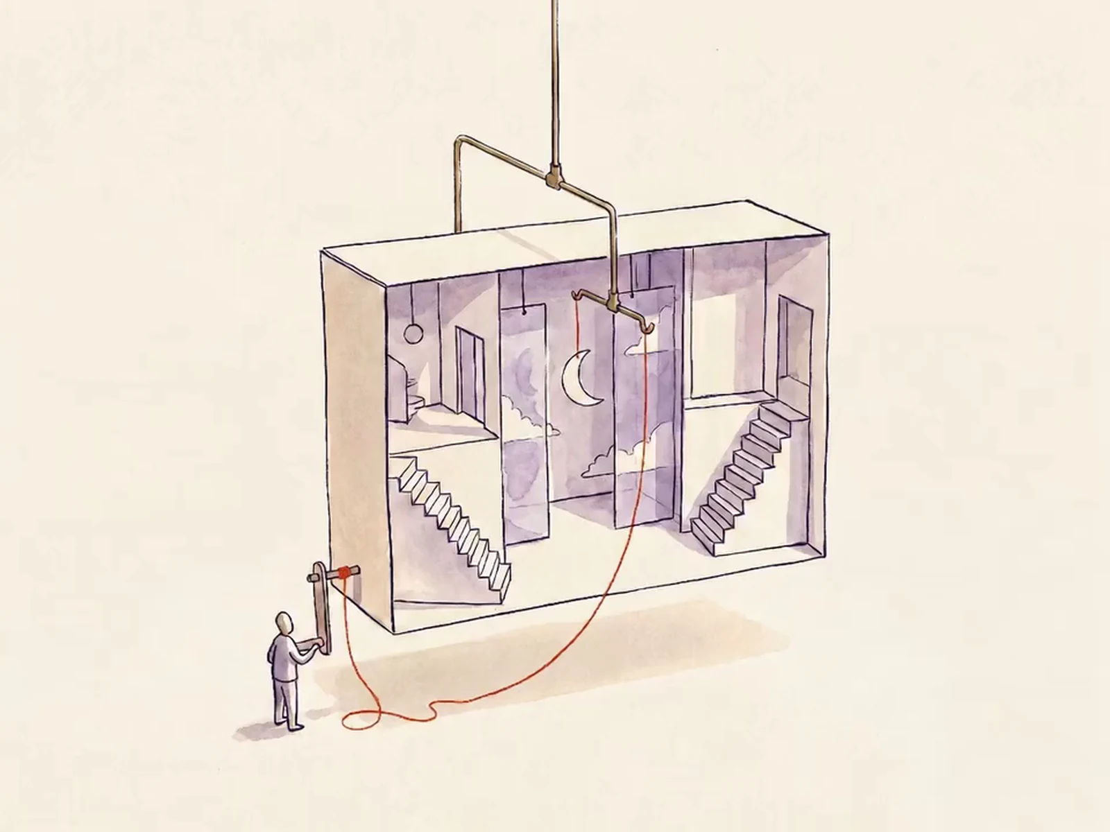 An open paper stage with a hand crank, movable scenery, and one red thread through the set.
