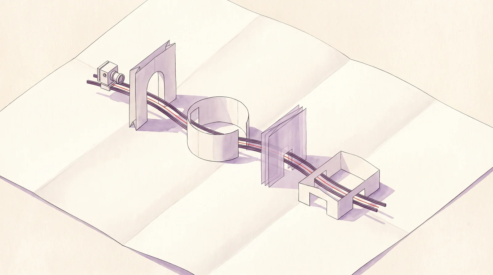 An overhead study of a camera rail connecting four different paper rooms.
