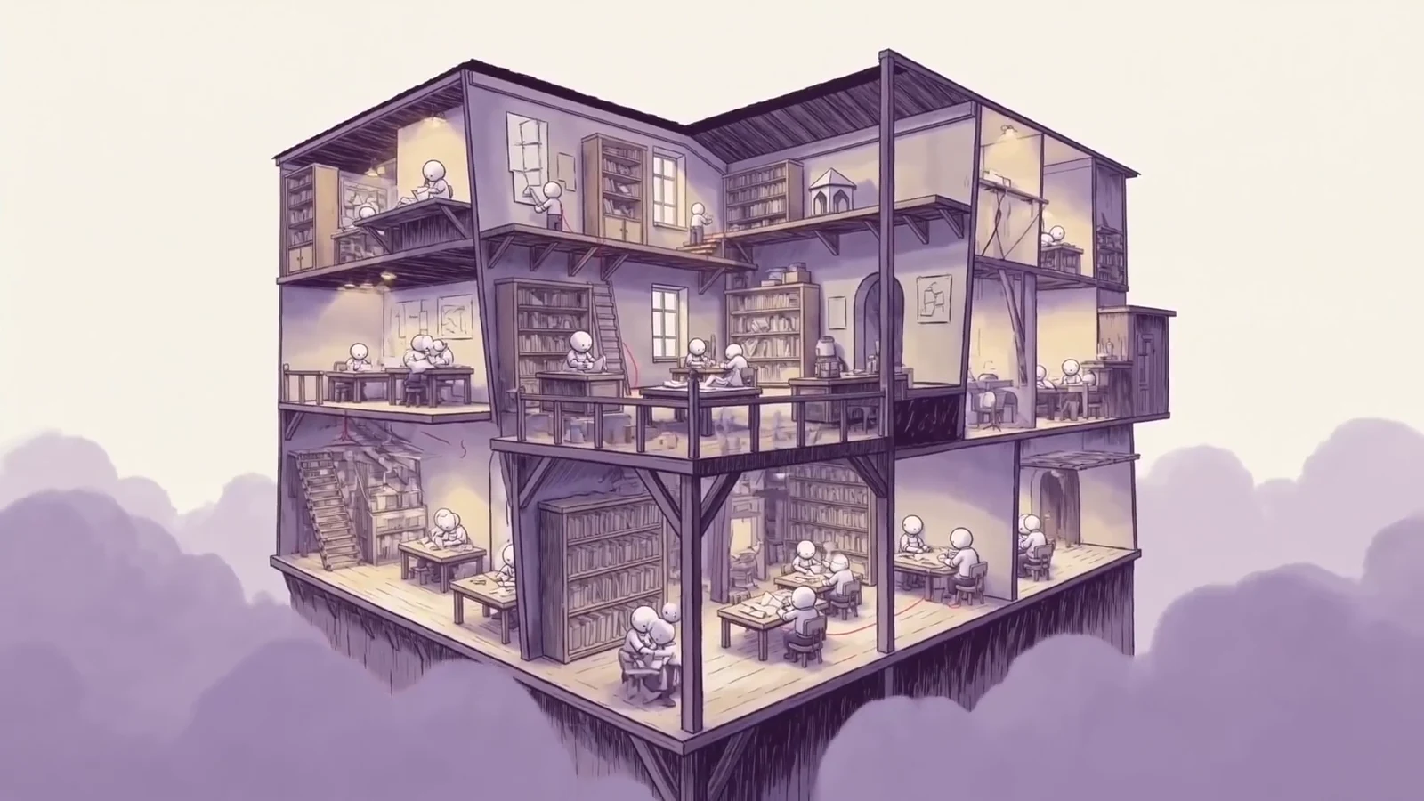 A frame from the current film reveals the connected paper workshop and its rooms as one cutaway world.