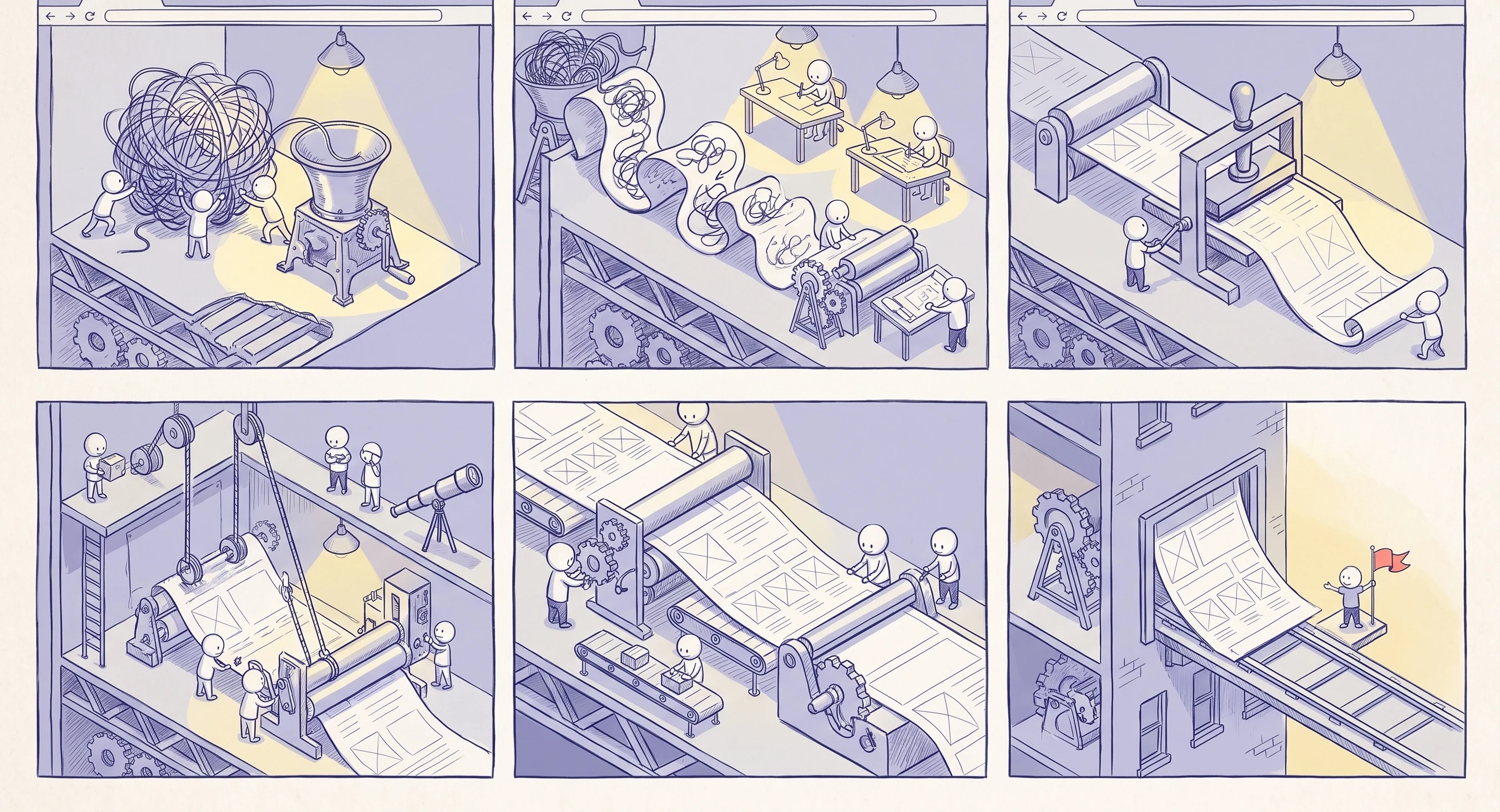 The earlier six-panel storyboard follows tangled input through workers, rollers, inspection, and a rooftop output marked with a red flag.