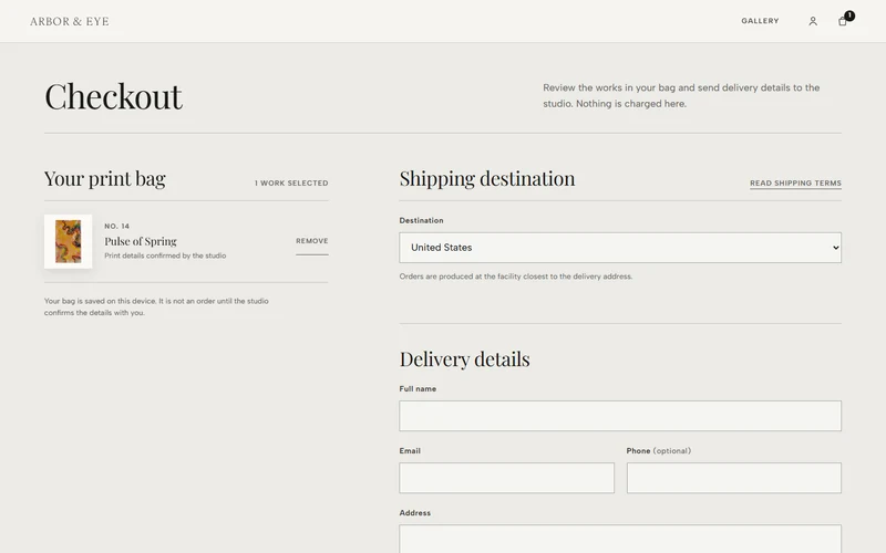The compact Arbor & Eye checkout with one selected watercolor, a shipping destination, and labeled delivery fields.