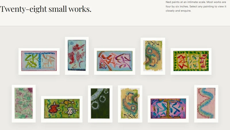 The first two rows of Arbor & Eye’s salon wall, with individually selectable watercolors arranged by shape and color.
