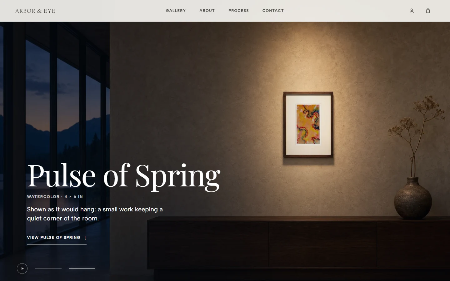 The Arbor & Eye prototype presents Pulse of Spring in a dusk room, with a direct link to the work.