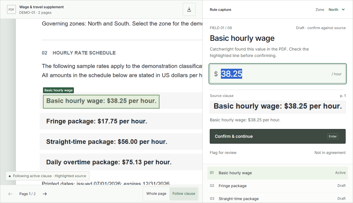 Catchwright’s document workspace, showing a proposed hourly wage with its exact source clause and confirmation controls.