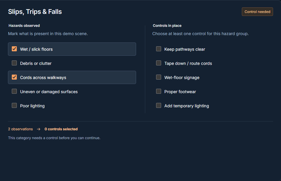 A detail of Crewbrief’s paired observations and controls, with progression blocked because no control is selected.
