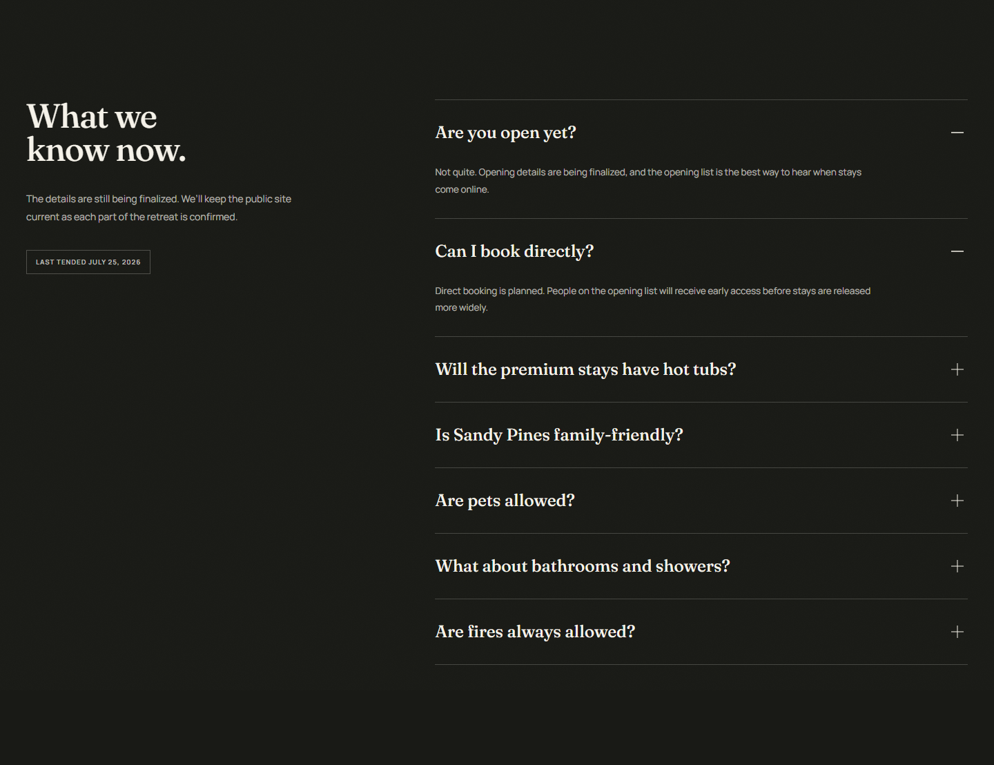 The live FAQ with opening and direct-booking answers expanded, both describing plans still being finalized.