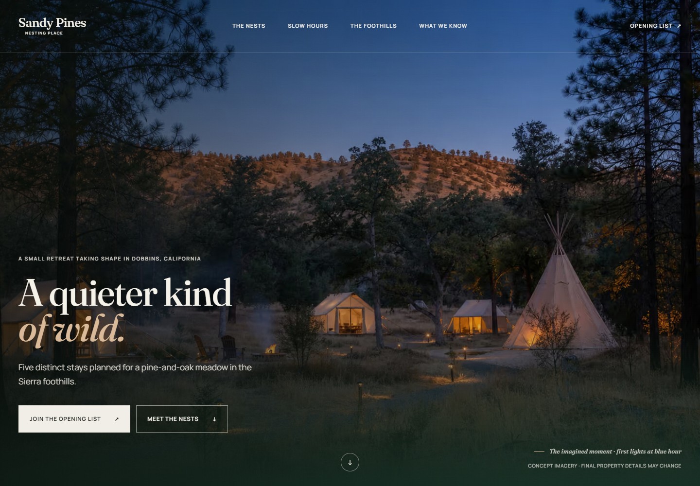 Sandy Pines’ live homepage, captured September 6, 2026. The property scene is concept imagery.
