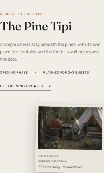Pine Tipi’s selected-stay details on a phone, with the description, opening phase, planned occupancy, and opening-updates link.