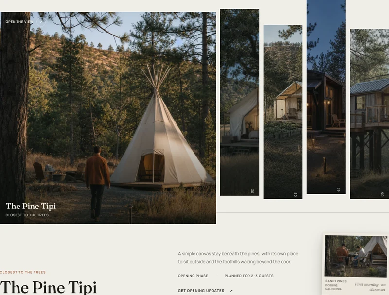 The five planned stays with Pine Tipi selected, followed by its description, opening phase, and planned occupancy.