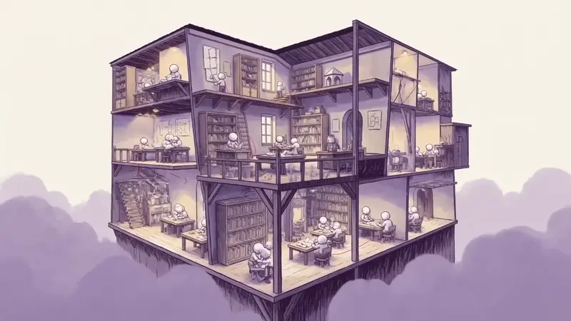 A cutaway paper workshop with rooms for exploring, making, inspecting, and remembering, connected by a red thread.