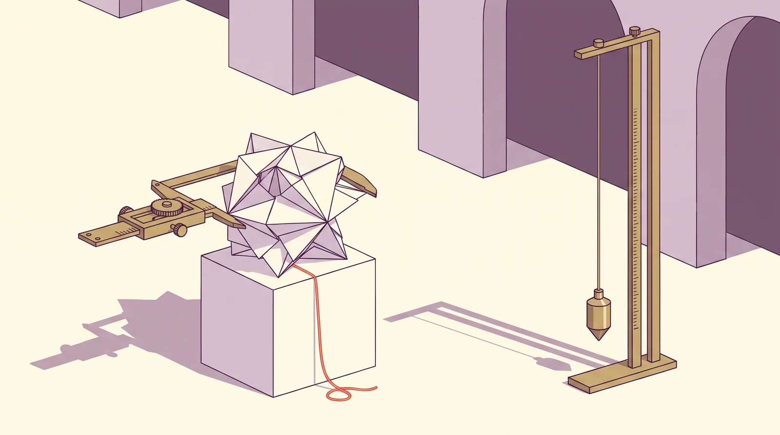 A caliper and a plumb line independently examine one geometric paper specimen.