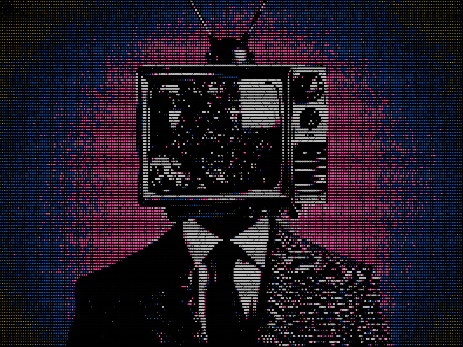 ASCII-art figure in a suit with a vintage television for a head, drawn in pink, blue and grey dots on black.