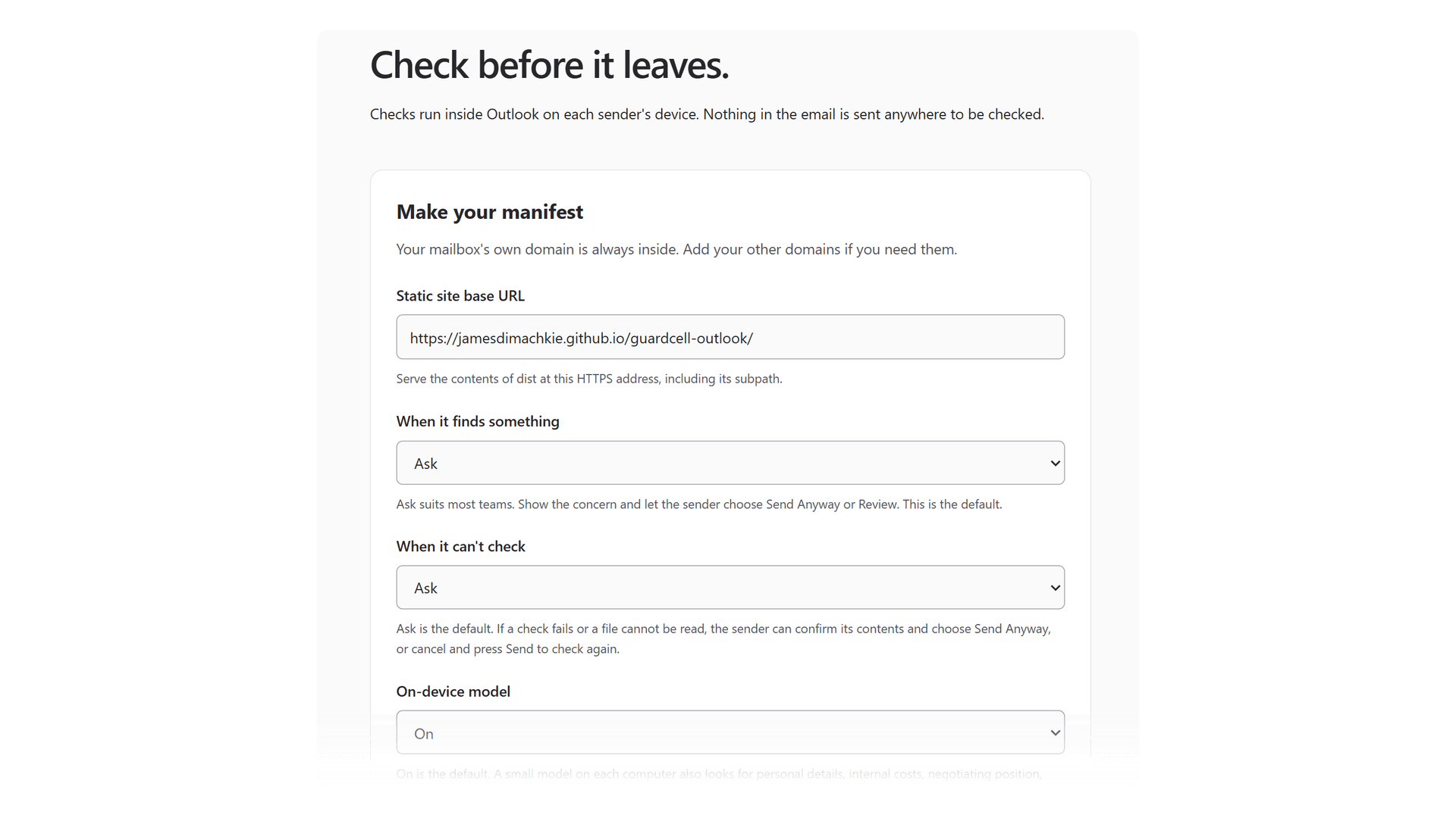 Guardcell's setup page, headed "Check before it leaves. Checks run inside Outlook on each sender's device. Nothing in the email is sent anywhere to be checked." The form to make a manifest is set to Ask when it finds something, Ask when it can't check, and the on-device model On.